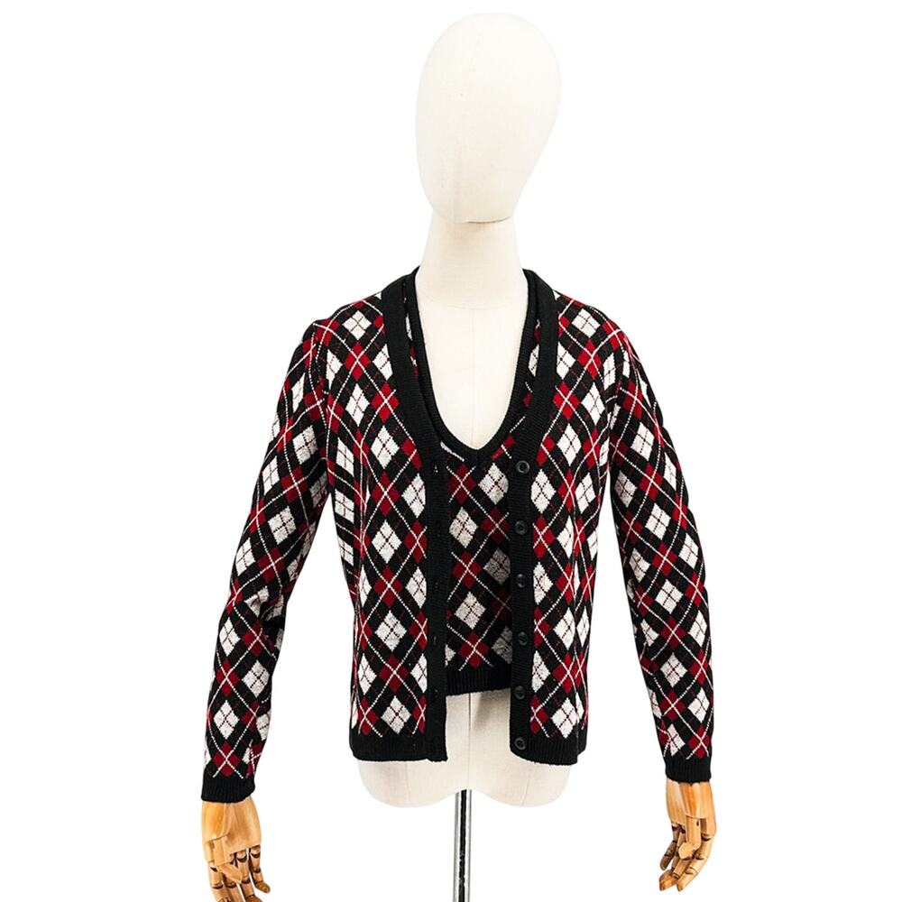 Vintage John Meyer Argyle Knit Black Red White Twinset Sweater Vest Cardigan